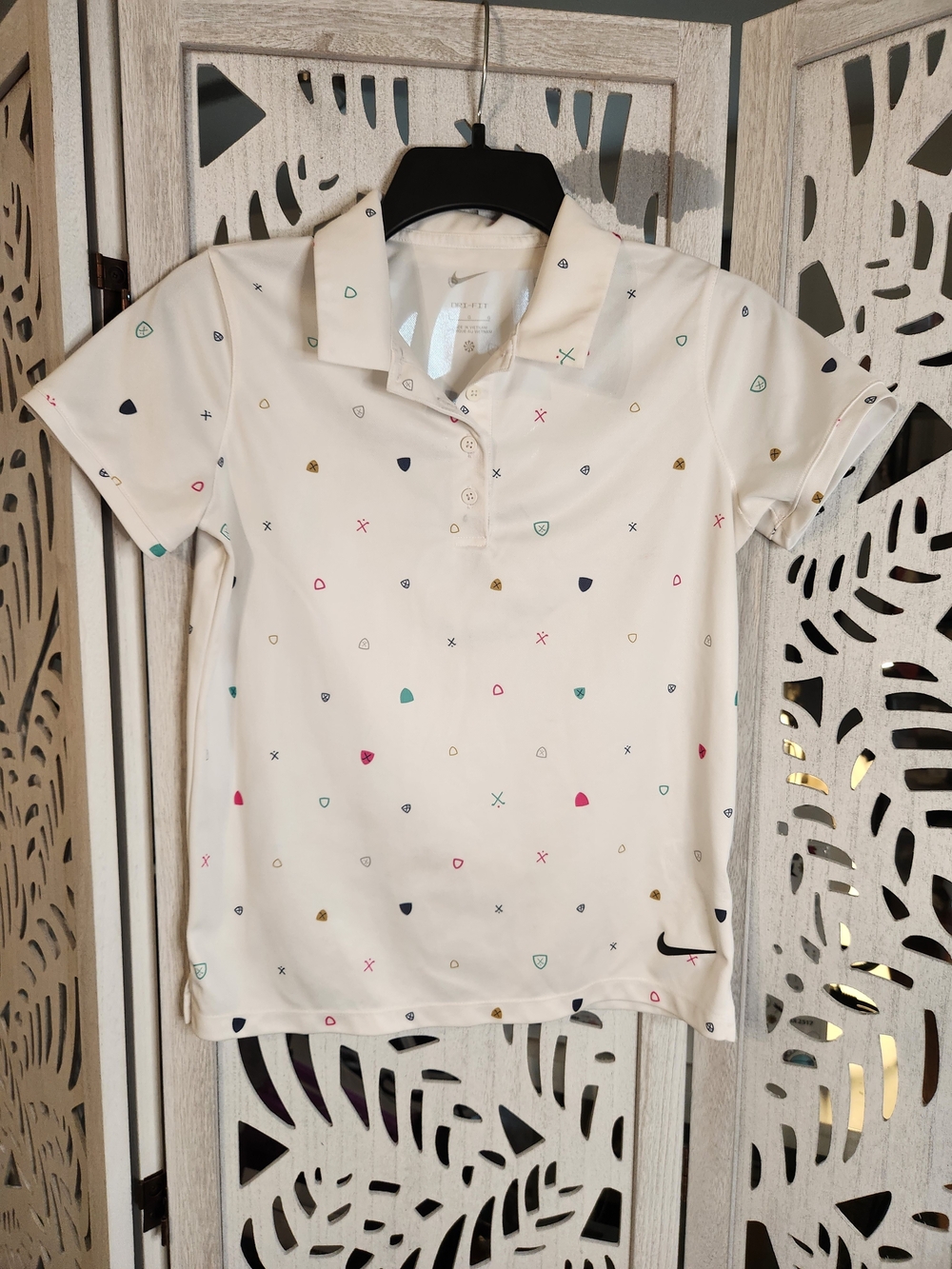 Nike White Kids Polo with Multicolor Mini Shapes